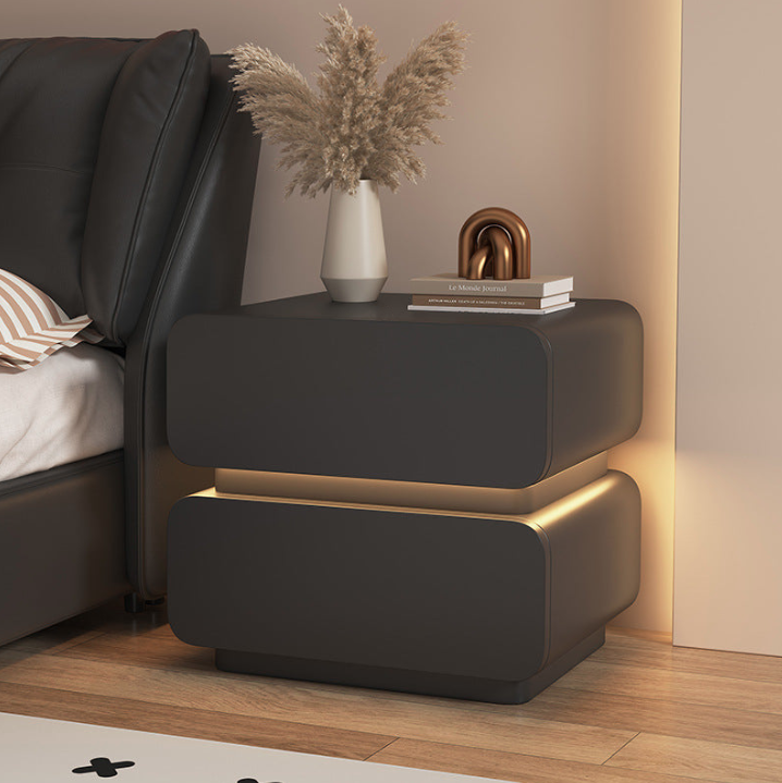 Cream Contemporary Scandinavian Nightstand with Sensor Light, Square Wood, Microfiber-Leather Finish, 2 Drawers for Bedroom