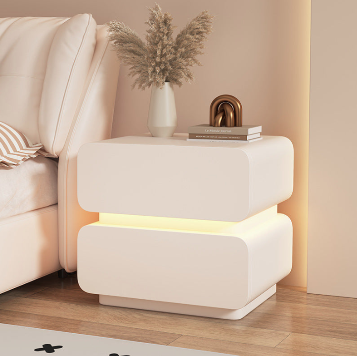 Cream Contemporary Scandinavian Nightstand with Sensor Light, Square Wood, Microfiber-Leather Finish, 2 Drawers for Bedroom