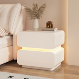 Cream Contemporary Scandinavian Nightstand with Sensor Light, Square Wood, Microfiber-Leather Finish, 2 Drawers for Bedroom