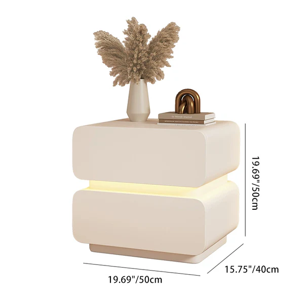 Cream Contemporary Scandinavian Nightstand with Sensor Light, Square Wood, Microfiber-Leather Finish, 2 Drawers for Bedroom