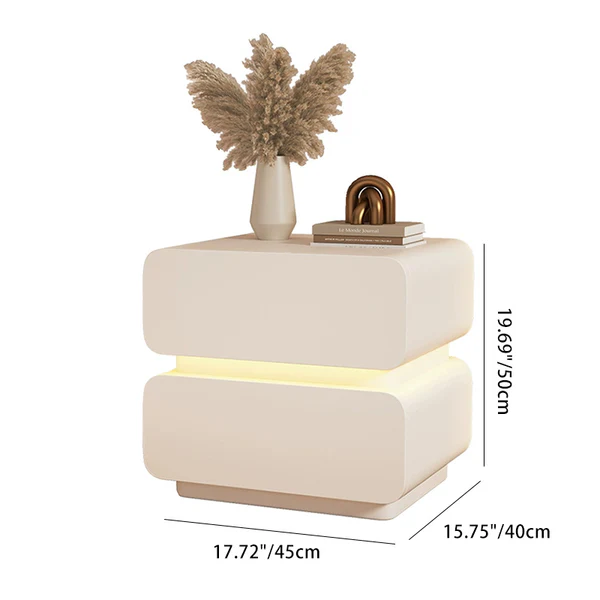 Cream Contemporary Scandinavian Nightstand with Sensor Light, Square Wood, Microfiber-Leather Finish, 2 Drawers for Bedroom