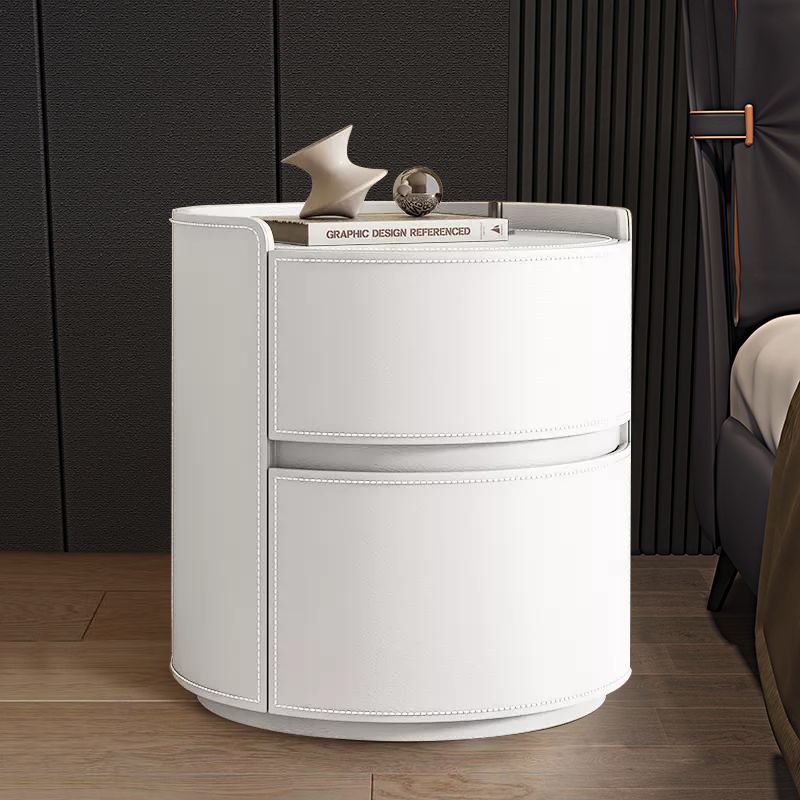 Modern Luxury Round Faux Saddle Leather Nightstand with 2 Drawers – Bedroom Accent Table