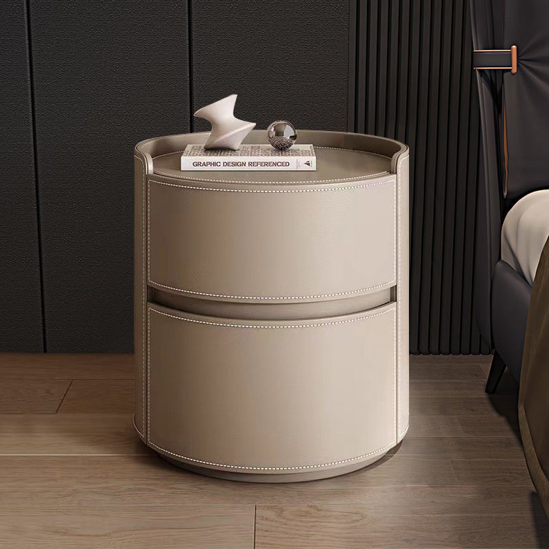 Modern Luxury Round Faux Saddle Leather Nightstand with 2 Drawers – Bedroom Accent Table