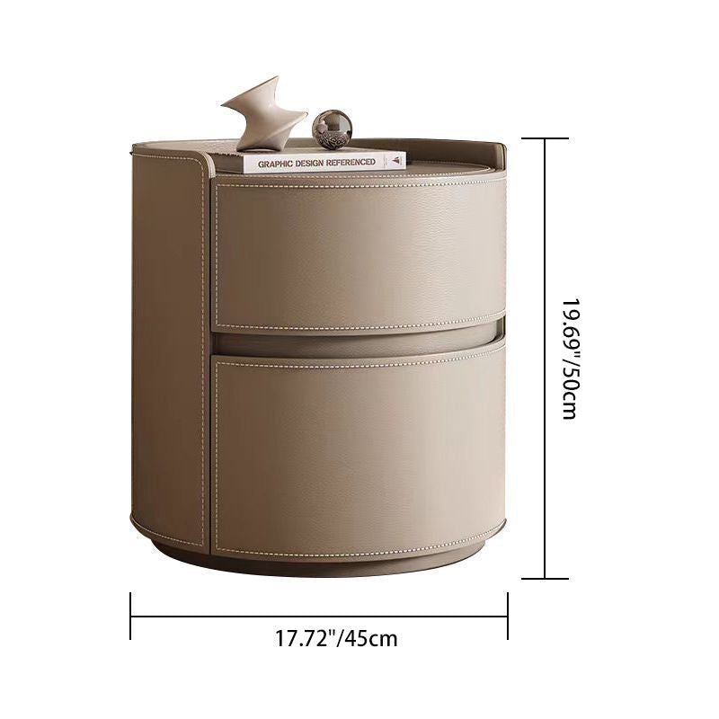 Modern Luxury Round Faux Saddle Leather Nightstand with 2 Drawers – Bedroom Accent Table
