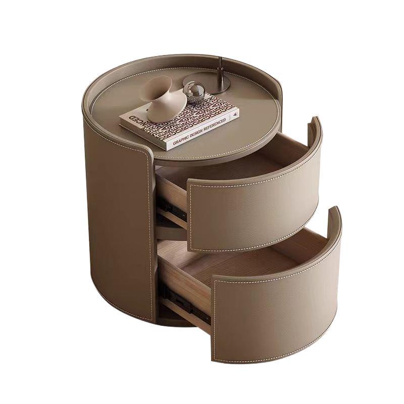 Modern Luxury Round Faux Saddle Leather Nightstand with 2 Drawers – Bedroom Accent Table