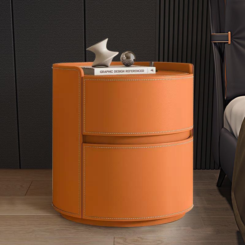 Modern Luxury Round Faux Saddle Leather Nightstand with 2 Drawers – Bedroom Accent Table