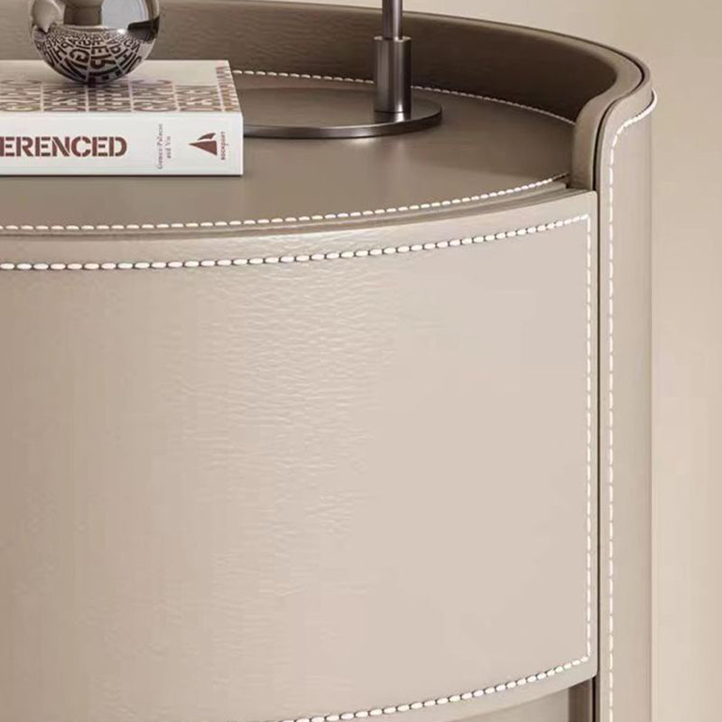 Modern Luxury Round Faux Saddle Leather Nightstand with 2 Drawers – Bedroom Accent Table