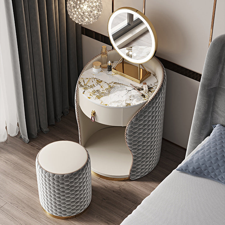 Modern Luxury Round Velvet Vanity with Solid Wood and Stainless Steel Frame — 1-Drawer Makeup Table for Bedroom