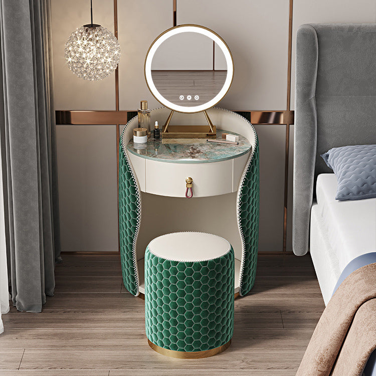 Modern Luxury Round Velvet Vanity with Solid Wood and Stainless Steel Frame — 1-Drawer Makeup Table for Bedroom