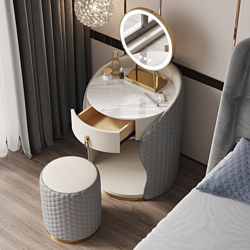 Modern Luxury Round Velvet Vanity with Solid Wood and Stainless Steel Frame — 1-Drawer Makeup Table for Bedroom
