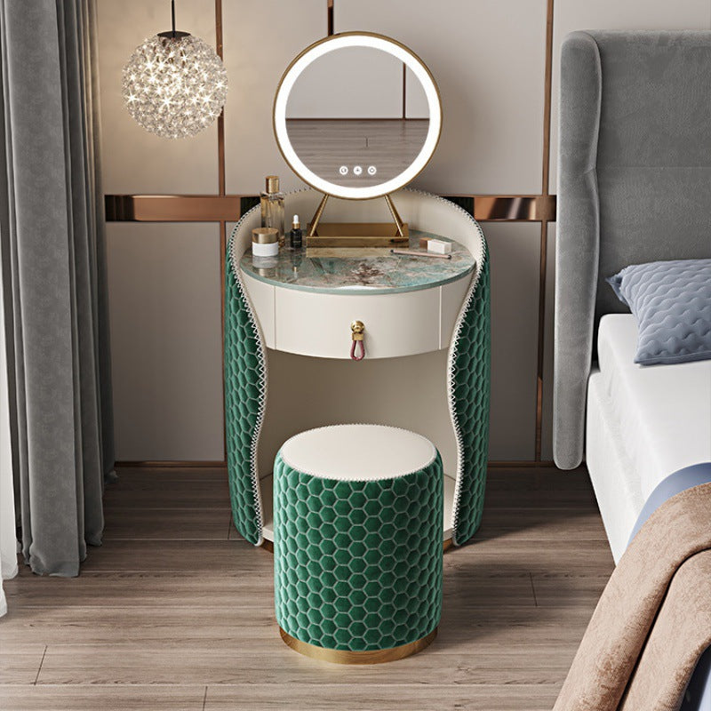 Modern Luxury Round Velvet Vanity with Solid Wood and Stainless Steel Frame — 1-Drawer Makeup Table for Bedroom