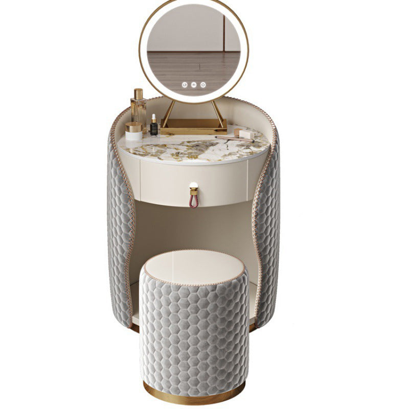 Modern Luxury Round Velvet Vanity with Solid Wood and Stainless Steel Frame — 1-Drawer Makeup Table for Bedroom