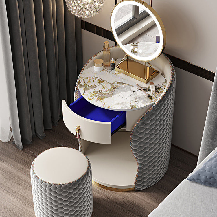 Modern Luxury Round Velvet Vanity with Solid Wood and Stainless Steel Frame — 1-Drawer Makeup Table for Bedroom