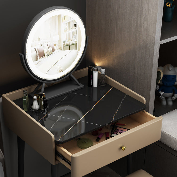 Contemporary Scandinavian Rectangular Vanity Table with Rock-Panel Accent, Microfiber Leather Upholstery, Carbon Steel Frame, 1-Drawer – Bedroom Makeup Desk