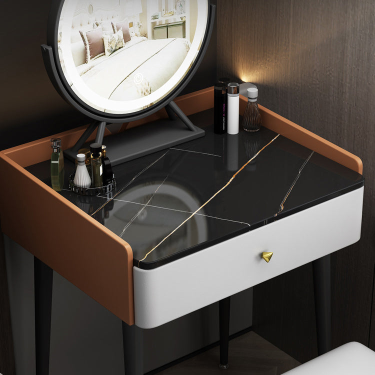 Contemporary Scandinavian Rectangular Vanity Table with Rock-Panel Accent, Microfiber Leather Upholstery, Carbon Steel Frame, 1-Drawer – Bedroom Makeup Desk