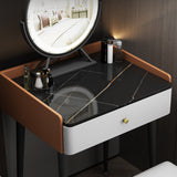 Contemporary Scandinavian Rectangular Vanity Table with Rock-Panel Accent, Microfiber Leather Upholstery, Carbon Steel Frame, 1-Drawer – Bedroom Makeup Desk