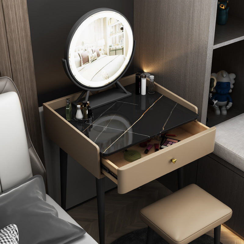 Contemporary Scandinavian Rectangular Vanity Table with Rock-Panel Accent, Microfiber Leather Upholstery, Carbon Steel Frame, 1-Drawer – Bedroom Makeup Desk