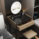 Contemporary Scandinavian Rectangular Vanity Table with Rock-Panel Accent, Microfiber Leather Upholstery, Carbon Steel Frame, 1-Drawer – Bedroom Makeup Desk
