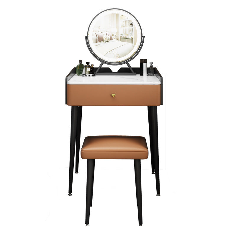 Contemporary Scandinavian Rectangular Vanity Table with Rock-Panel Accent, Microfiber Leather Upholstery, Carbon Steel Frame, 1-Drawer – Bedroom Makeup Desk