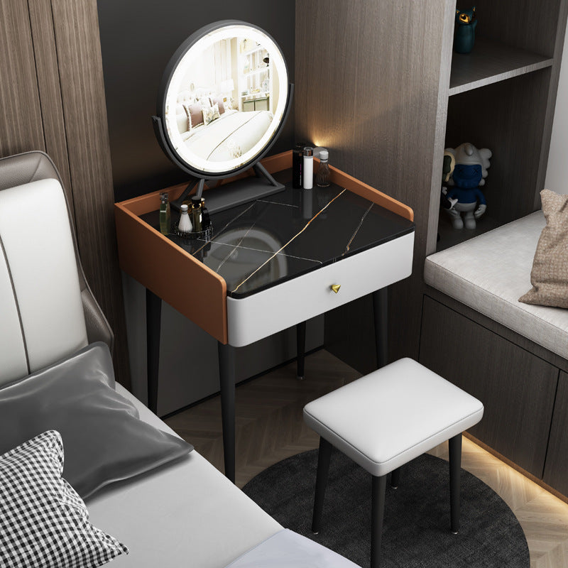 Contemporary Scandinavian Rectangular Vanity Table with Rock-Panel Accent, Microfiber Leather Upholstery, Carbon Steel Frame, 1-Drawer – Bedroom Makeup Desk