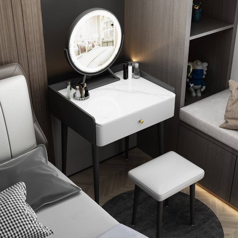 Contemporary Scandinavian Rectangular Vanity Table with Rock-Panel Accent, Microfiber Leather Upholstery, Carbon Steel Frame, 1-Drawer – Bedroom Makeup Desk
