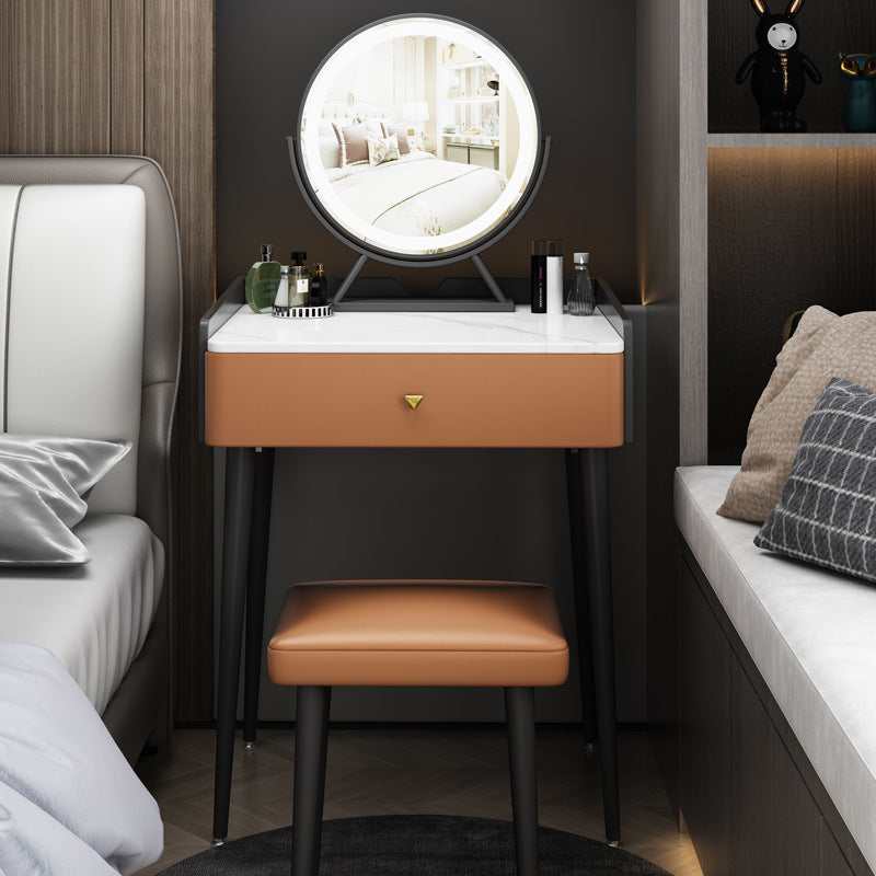 Contemporary Scandinavian Rectangular Vanity Table with Rock-Panel Accent, Microfiber Leather Upholstery, Carbon Steel Frame, 1-Drawer – Bedroom Makeup Desk