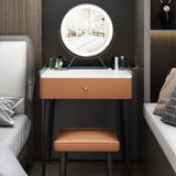 Contemporary Scandinavian Rectangular Vanity Table with Rock-Panel Accent, Microfiber Leather Upholstery, Carbon Steel Frame, 1-Drawer – Bedroom Makeup Desk