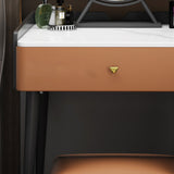 Contemporary Scandinavian Rectangular Vanity Table with Rock-Panel Accent, Microfiber Leather Upholstery, Carbon Steel Frame, 1-Drawer – Bedroom Makeup Desk