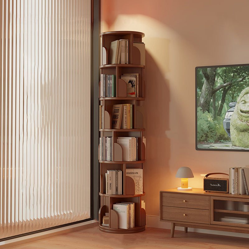 Modern Minimalist Rotating Floor-Standing Bookshelf with Cylindrical Metal & MDF – 3/4/5/6/7-Tier, Perfect for Study