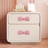 Modern Art Deco Rectangular Solid Wood Kids Nightstand with Bowknot, 2-Drawer Bedside Table for Bedroom