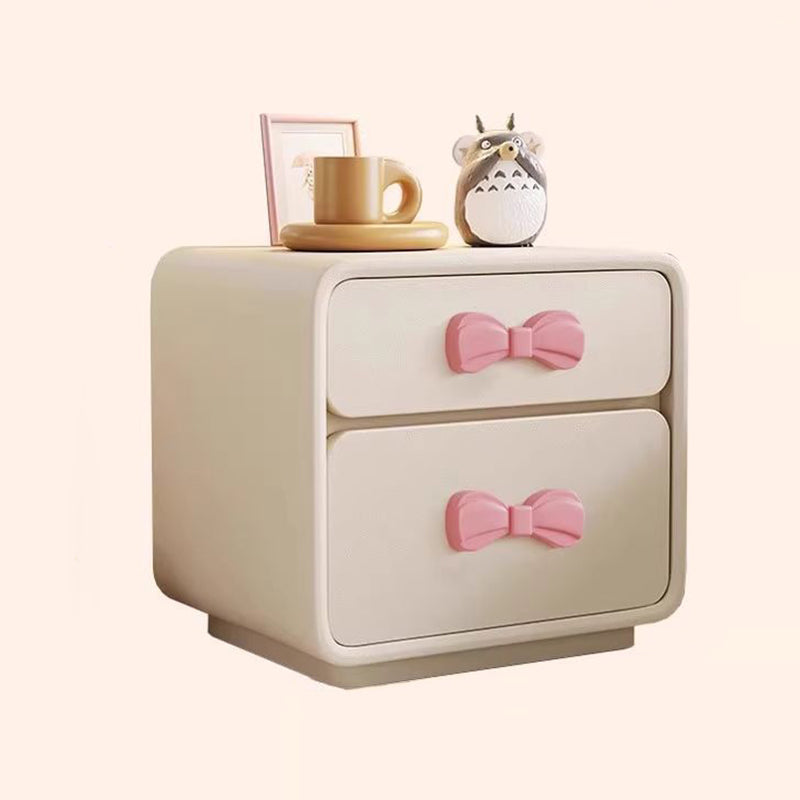 Modern Art Deco Rectangular Solid Wood Kids Nightstand with Bowknot, 2-Drawer Bedside Table for Bedroom