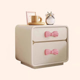Modern Art Deco Rectangular Solid Wood Kids Nightstand with Bowknot, 2-Drawer Bedside Table for Bedroom
