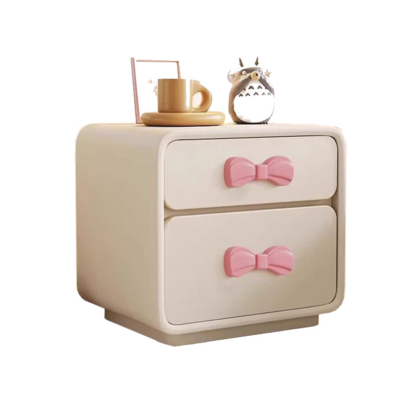 Modern Art Deco Rectangular Solid Wood Kids Nightstand with Bowknot, 2-Drawer Bedside Table for Bedroom