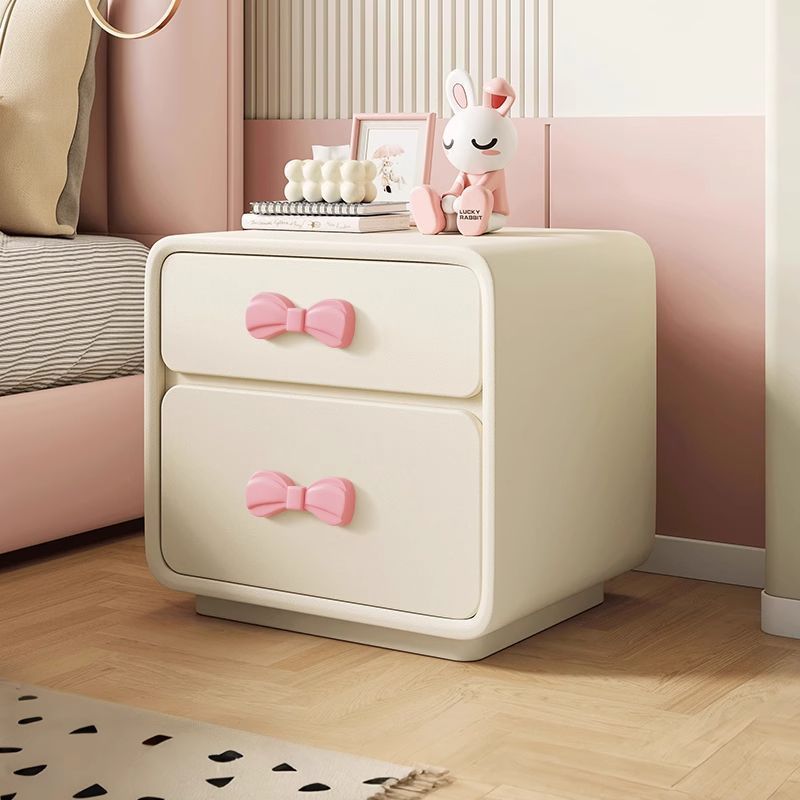 Modern Art Deco Rectangular Solid Wood Kids Nightstand with Bowknot, 2-Drawer Bedside Table for Bedroom
