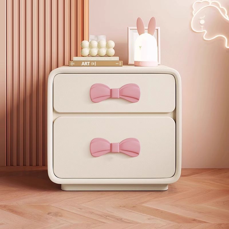 Modern Art Deco Rectangular Solid Wood Kids Nightstand with Bowknot, 2-Drawer Bedside Table for Bedroom