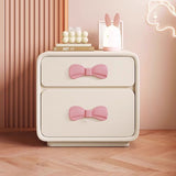 Modern Art Deco Rectangular Solid Wood Kids Nightstand with Bowknot, 2-Drawer Bedside Table for Bedroom