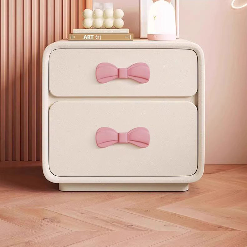 Modern Art Deco Rectangular Solid Wood Kids Nightstand with Bowknot, 2-Drawer Bedside Table for Bedroom