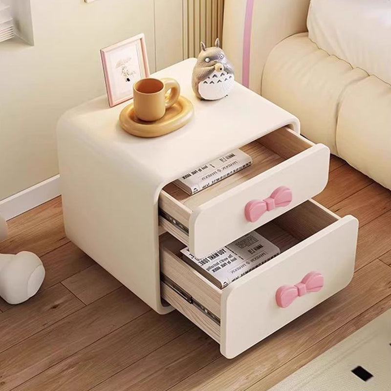 Modern Art Deco Rectangular Solid Wood Kids Nightstand with Bowknot, 2-Drawer Bedside Table for Bedroom