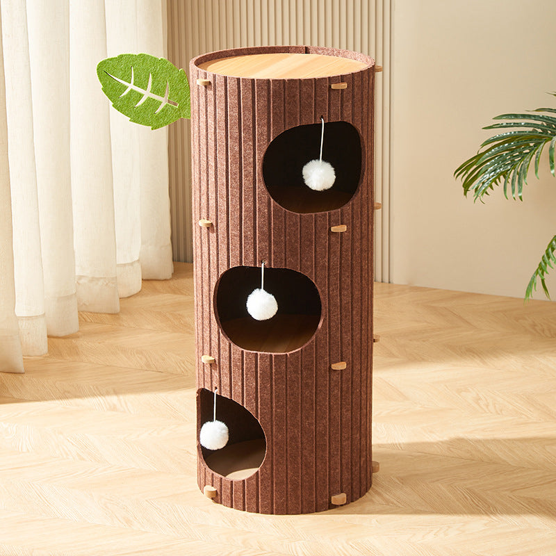 Rustic Traditional Cylindrical Tree-Hole Cat Tower with Felt Sherpa Fleece & MDF – 2/3-Hole, Ideal for Living Room