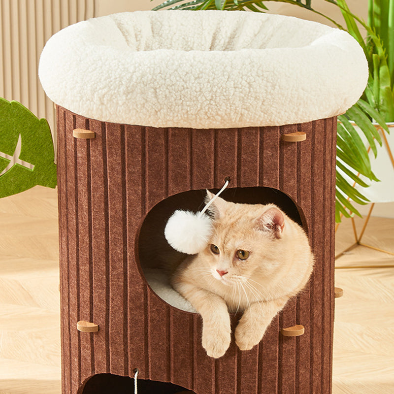 Rustic Traditional Cylindrical Tree-Hole Cat Tower with Felt Sherpa Fleece & MDF – 2/3-Hole, Ideal for Living Room