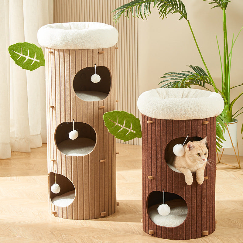 Rustic Traditional Cylindrical Tree-Hole Cat Tower with Felt Sherpa Fleece & MDF – 2/3-Hole, Ideal for Living Room