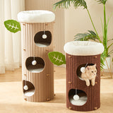 Rustic Traditional Cylindrical Tree-Hole Cat Tower with Felt Sherpa Fleece & MDF – 2/3-Hole, Ideal for Living Room