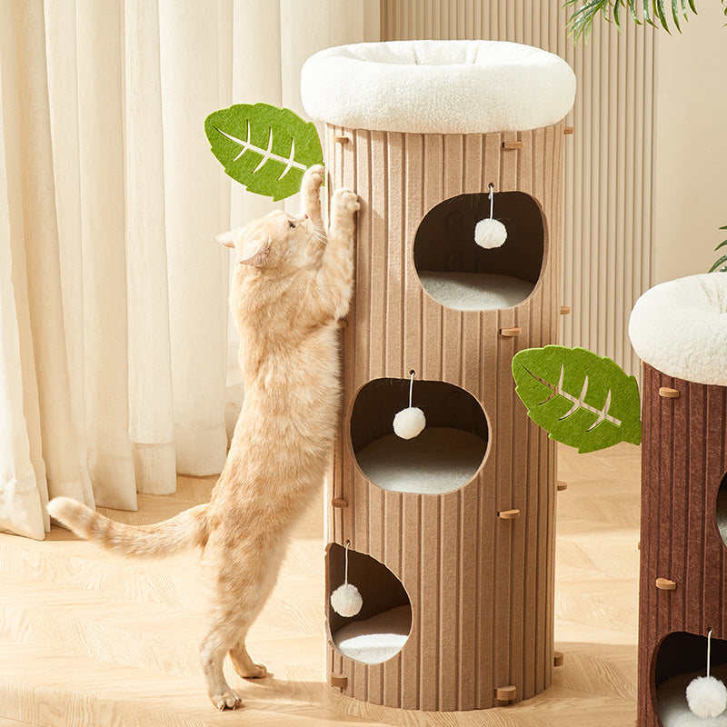 Rustic Traditional Cylindrical Tree-Hole Cat Tower with Felt Sherpa Fleece & MDF – 2/3-Hole, Ideal for Living Room