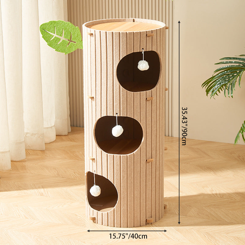 Rustic Traditional Cylindrical Tree-Hole Cat Tower with Felt Sherpa Fleece & MDF – 2/3-Hole, Ideal for Living Room