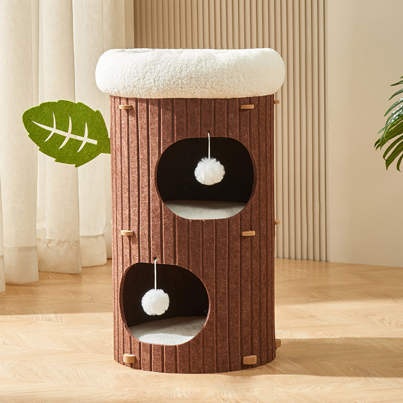 Rustic Traditional Cylindrical Tree-Hole Cat Tower with Felt Sherpa Fleece & MDF – 2/3-Hole, Ideal for Living Room