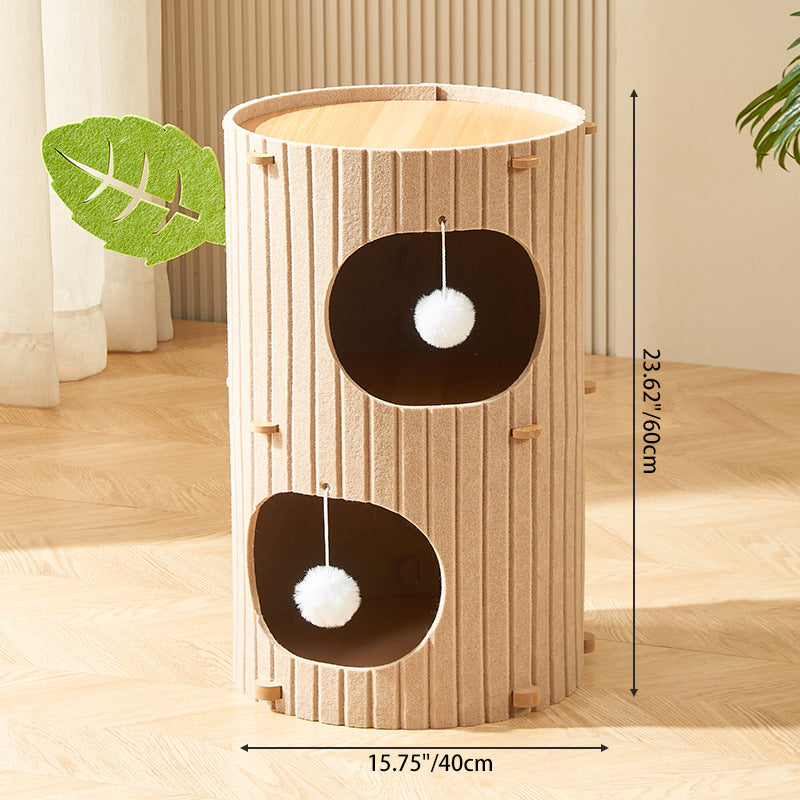 Rustic Traditional Cylindrical Tree-Hole Cat Tower with Felt Sherpa Fleece & MDF – 2/3-Hole, Ideal for Living Room