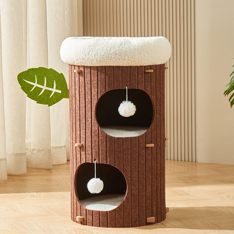 Rustic Traditional Cylindrical Tree-Hole Cat Tower with Felt Sherpa Fleece & MDF – 2/3-Hole, Ideal for Living Room
