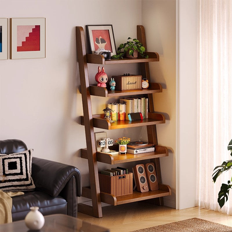 Modern Minimalist Trapezoid Rubberwood Solid Wood Sandwich Panel Floor-Standing Bookshelf – 4/5-Shelf, Ideal for Study