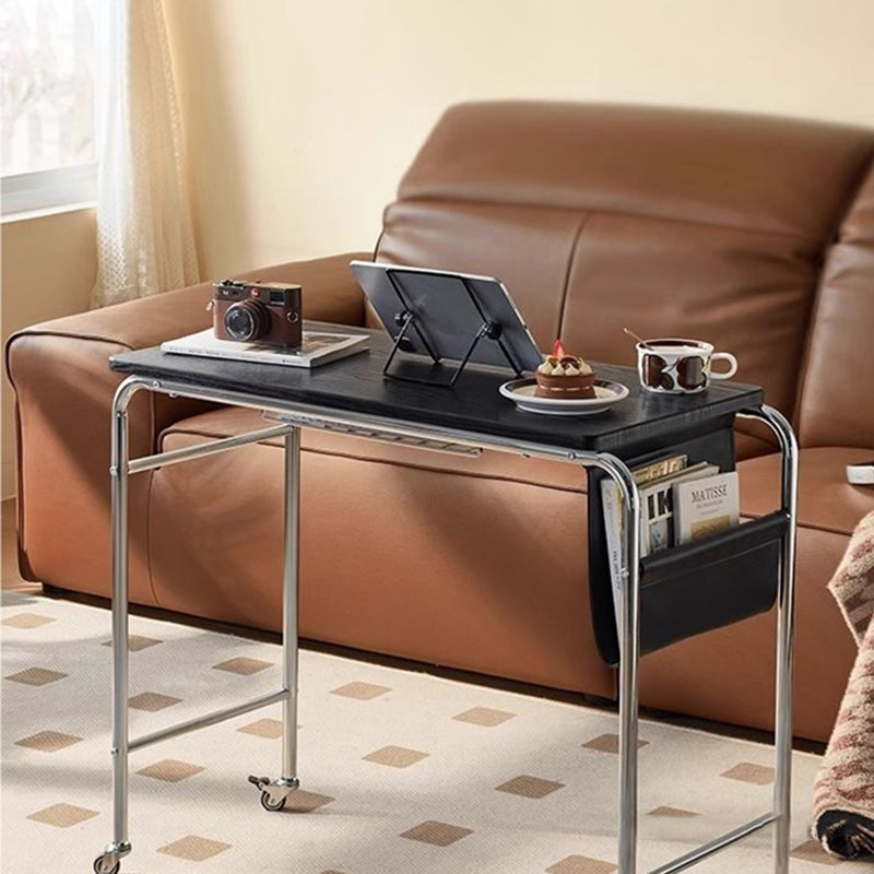 Contemporary Industrial Narrow Rectangular Desk with PU Leather Top – 1-Tier Movable MDF Desk in Stainless Steel Frame for Home Office