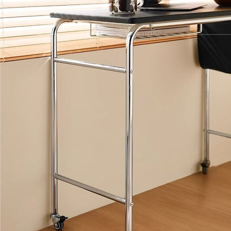 Contemporary Industrial Narrow Rectangular Desk with PU Leather Top – 1-Tier Movable MDF Desk in Stainless Steel Frame for Home Office